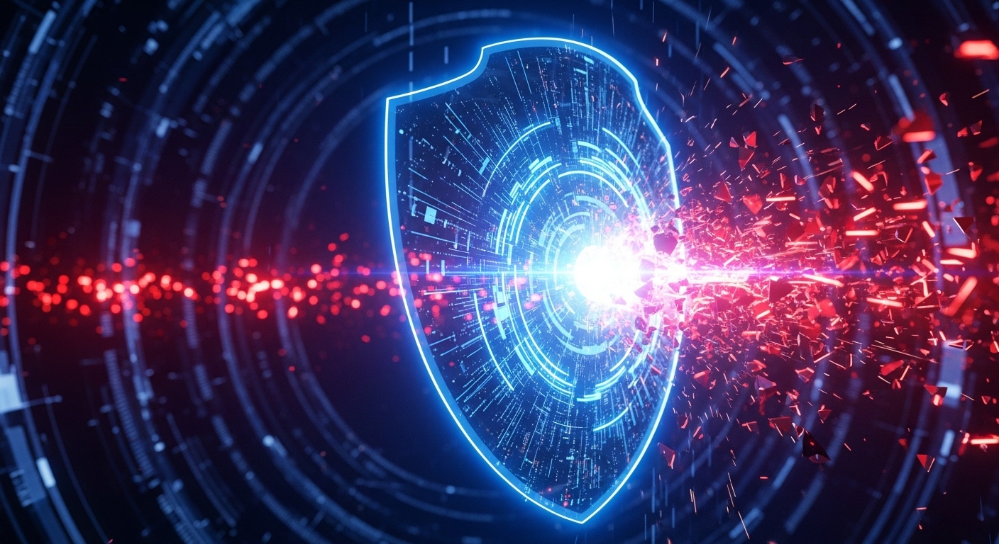미래형 디지털 방패가 사이버 공격을 막아내는 모습