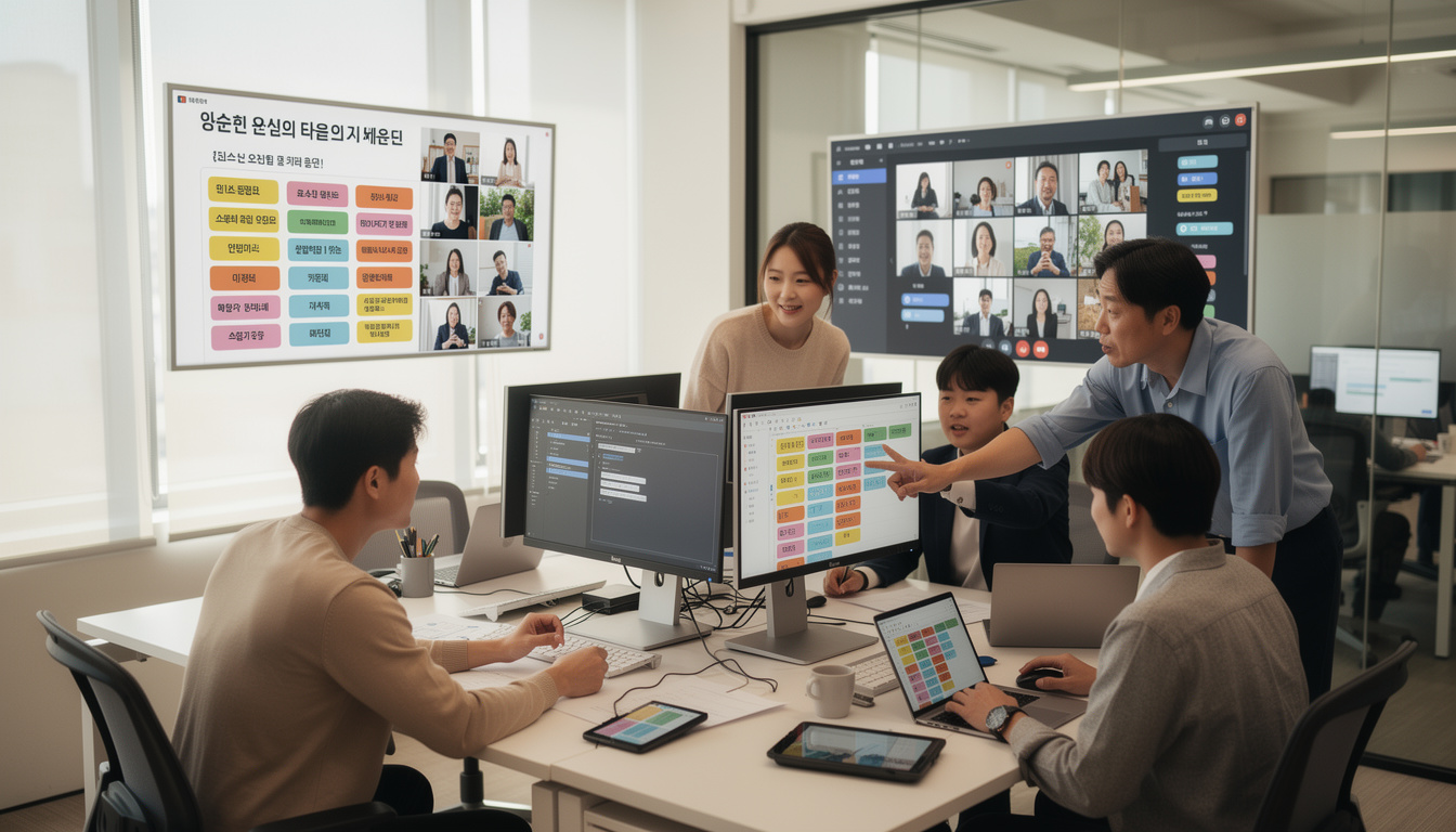 한국의 팀이 협업툴을 사용해 실시간 소통과 공동 작업을 하는 모습