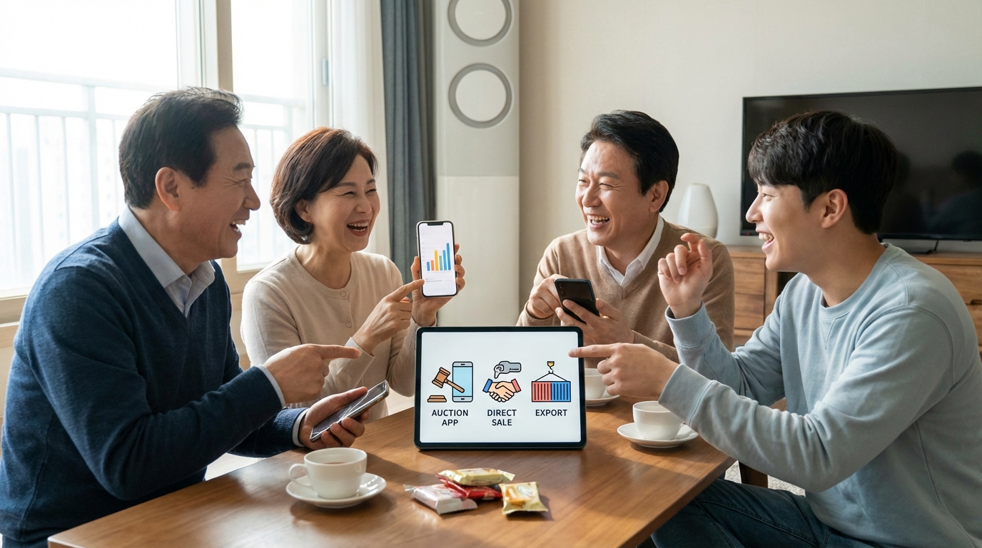 한국의 다양한 중고차 판매자들이 스마트폰으로 여러 판매 방식을 비교하는 모습