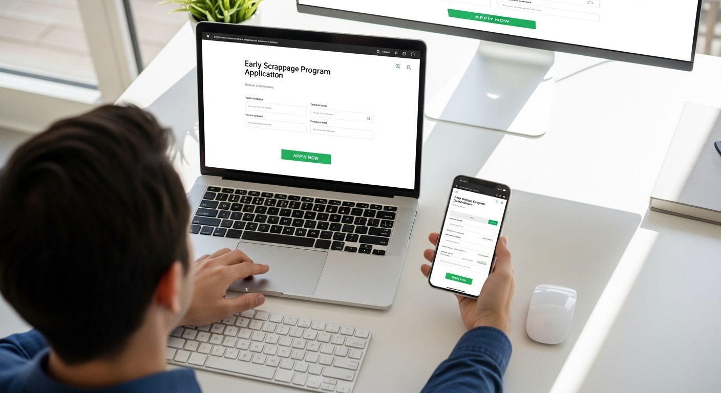 한 사람이 집에서 노트북과 스마트폰을 이용해 간편하게 조기폐차를 신청하는 모습.