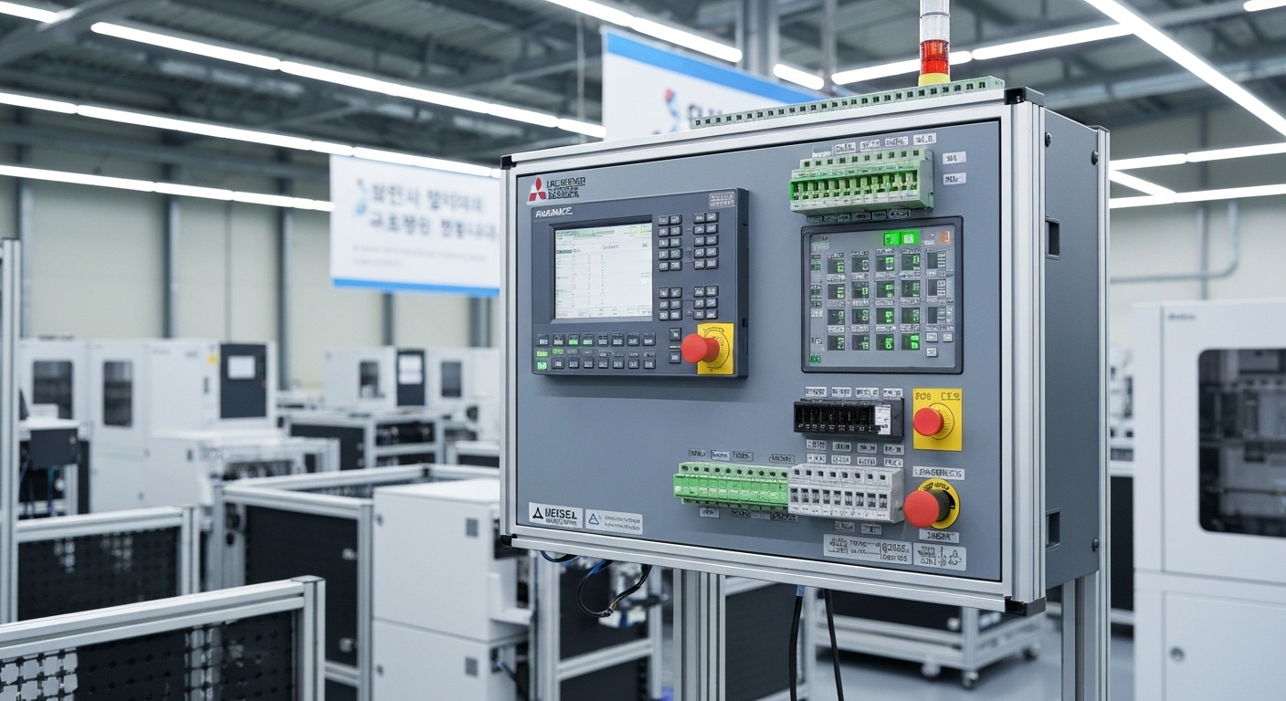 아시아 스타일 제조 환경에 설치된 미쓰비시 MELSEC PLC, 한국 배경 소품 포함