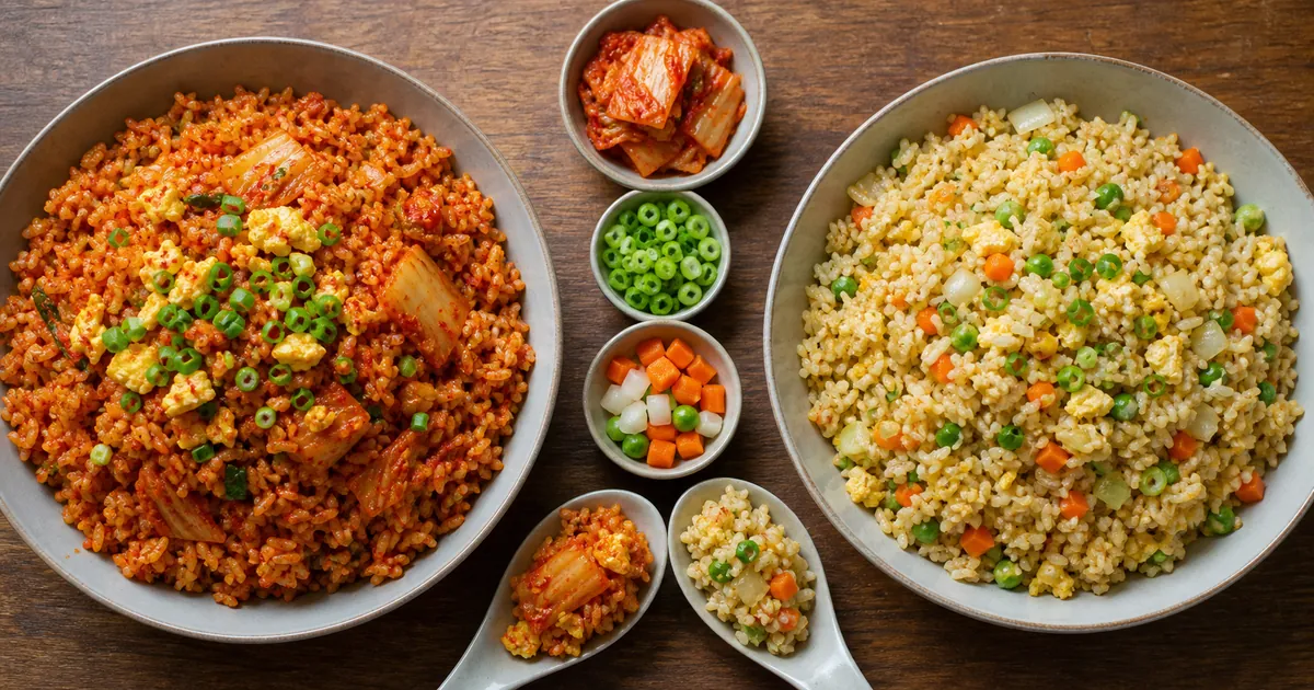 김치볶음밥과 기본 볶음밥을 나란히 놓고 재료와 색 차이를 비교한 점심 상차림
