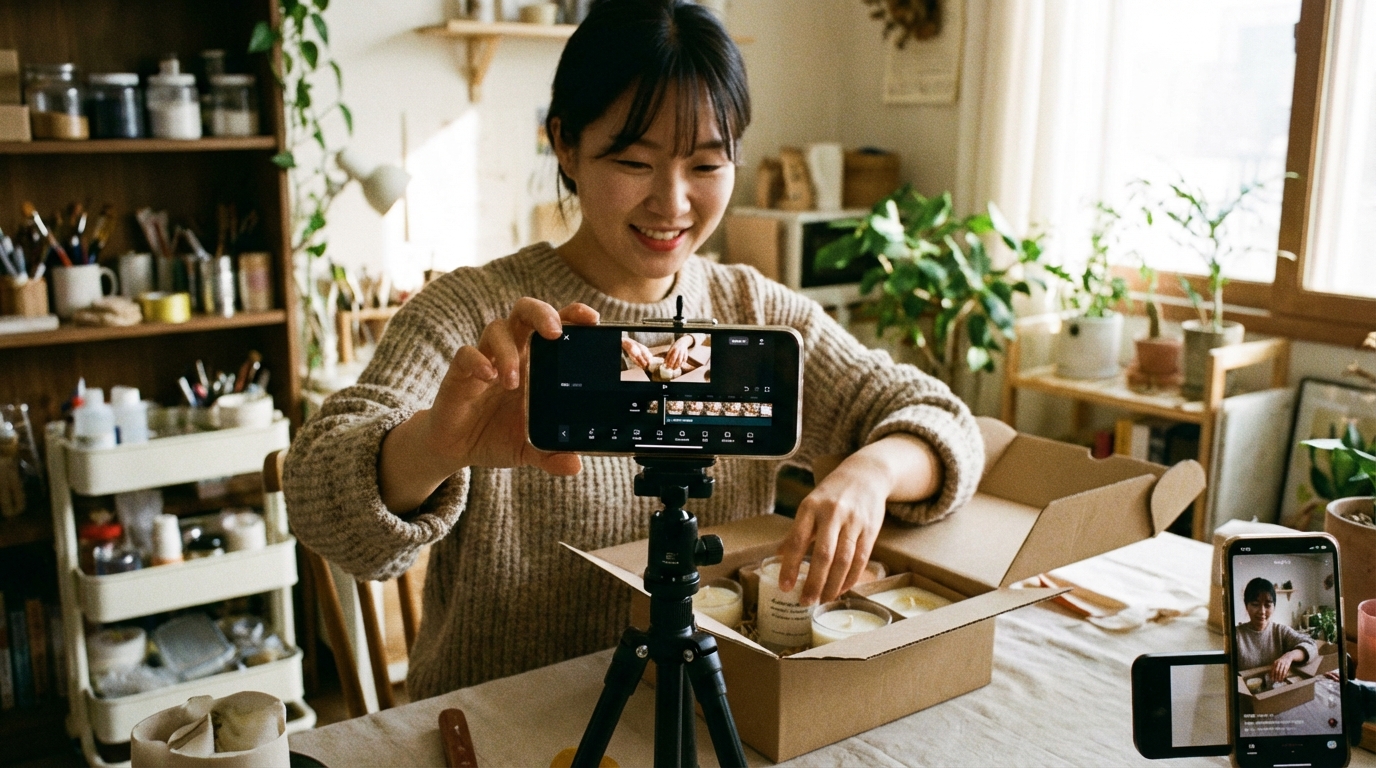 제품 포장하는 1인 사장님의 숏폼 영상 촬영 모습