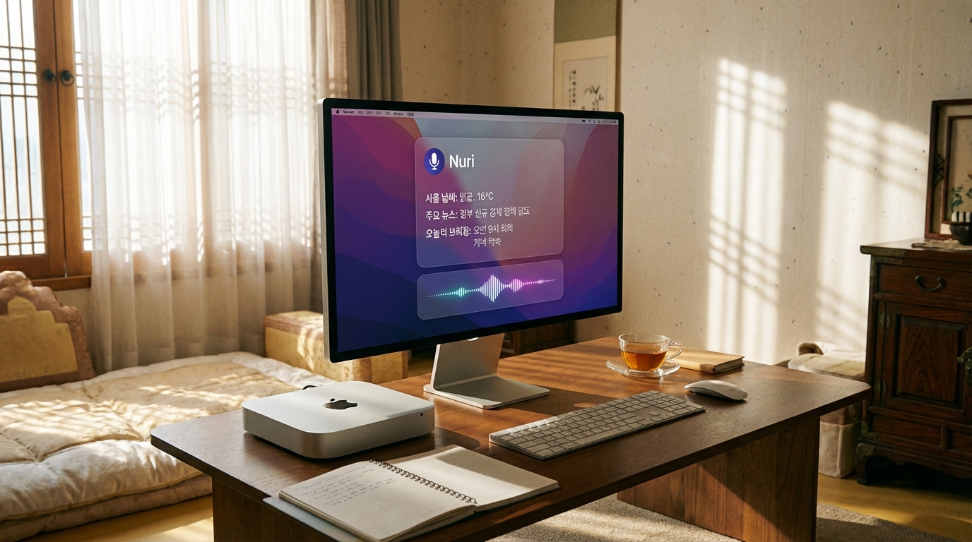 말하지 않아도 알아서 데일리 브리핑과 음성 명령을 수행하는 맥 미니 기반 AI 허브를 표현한 아침 침실 이미지