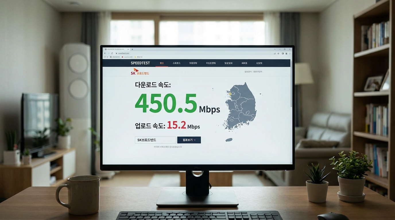 한국 환경에서 업로드 속도가 다운로드보다 현저히 낮게 측정된 인터넷 속도 테스트 화면
