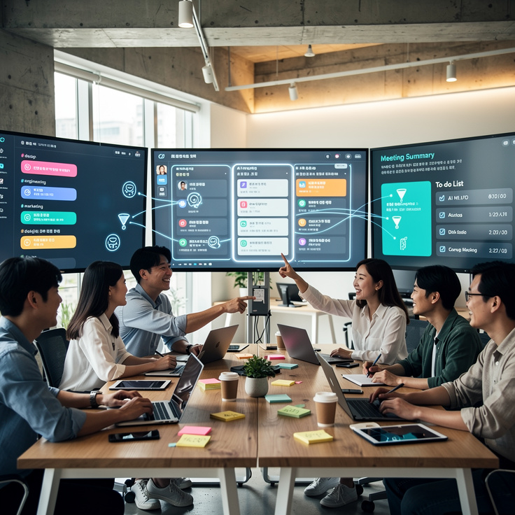 한국 스타트업 팀이 주제별 대화방과 프로젝트 관리 대시보드를 사용하는 모습, AI 자동 회의록 요약과 할 일 추출 기능 강점을 강조