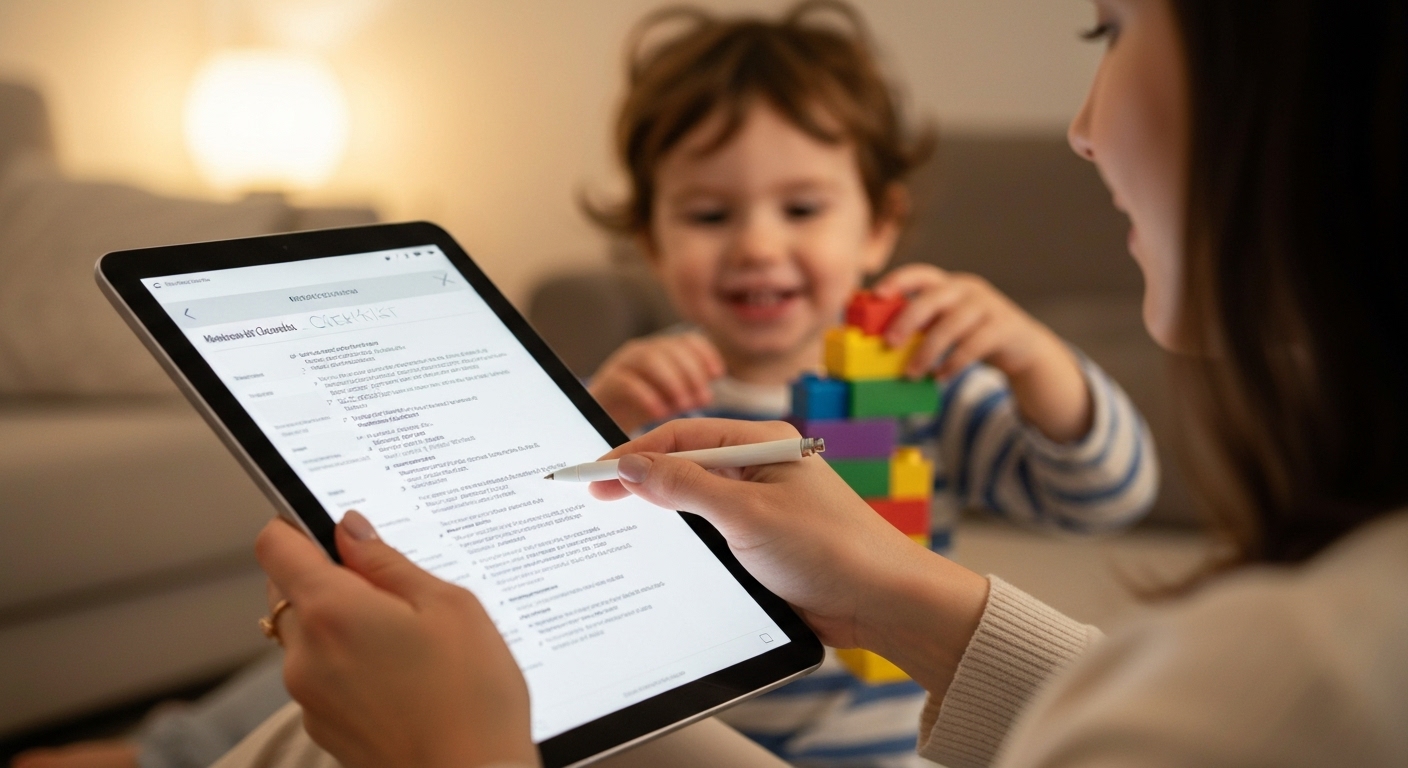 엄마가 아이의 독감 예방접종 횟수 체크리스트를 확인하고 있는 모습