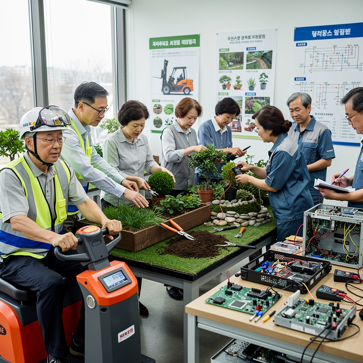지게차, 조경, 전기 등 실무 기술을 배우는 중장년 교육 현장 모습