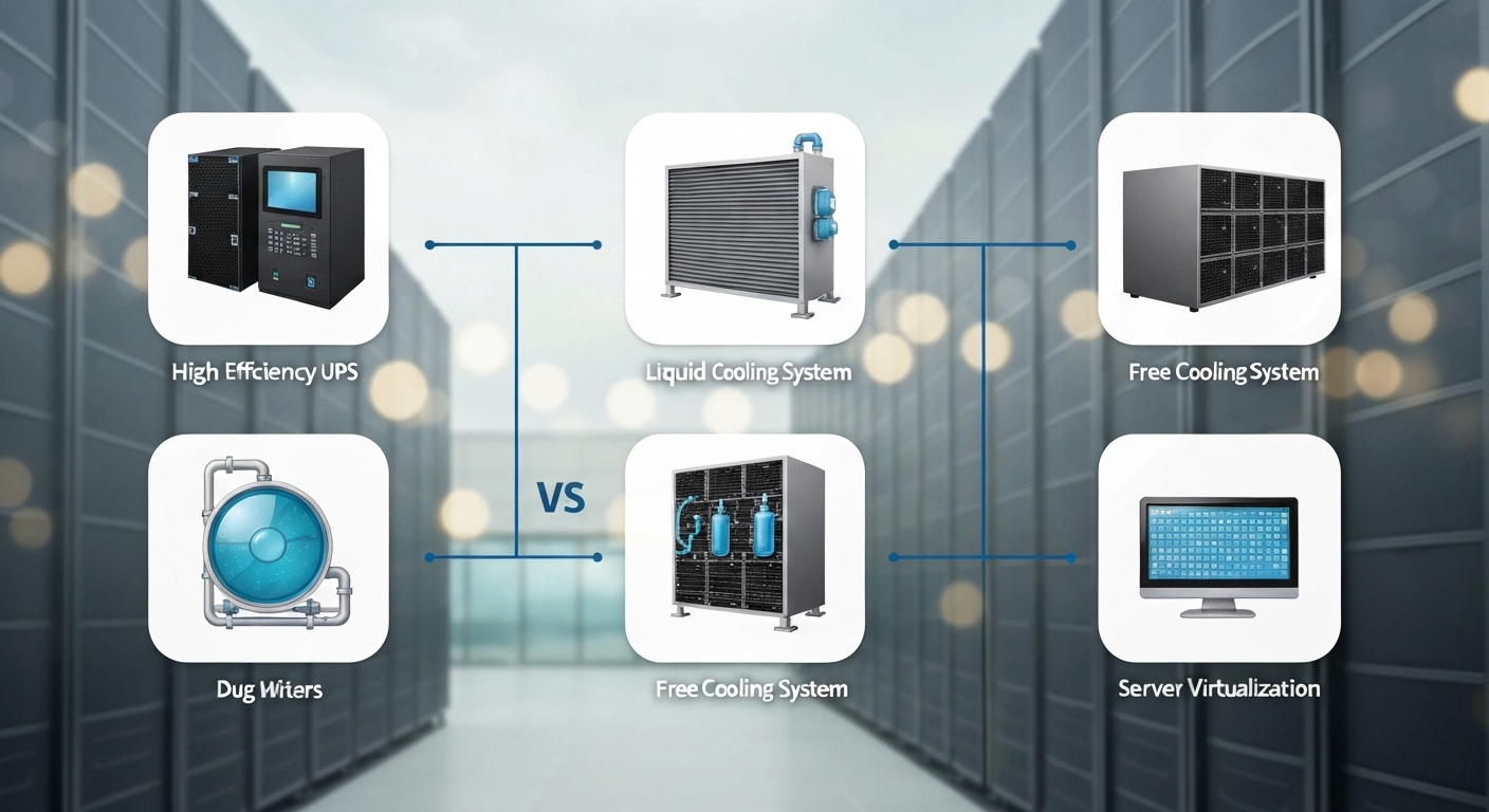 데이터센터 에너지 절감 주요 기술 비교 차트 이미지, UPS, 액체 냉각, 외기 냉방, 서버 가상화 포함