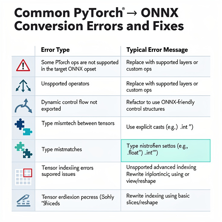 PyTorch 모델 변환 오류 유형과 해결책을 설명하는 인포그래픽 표