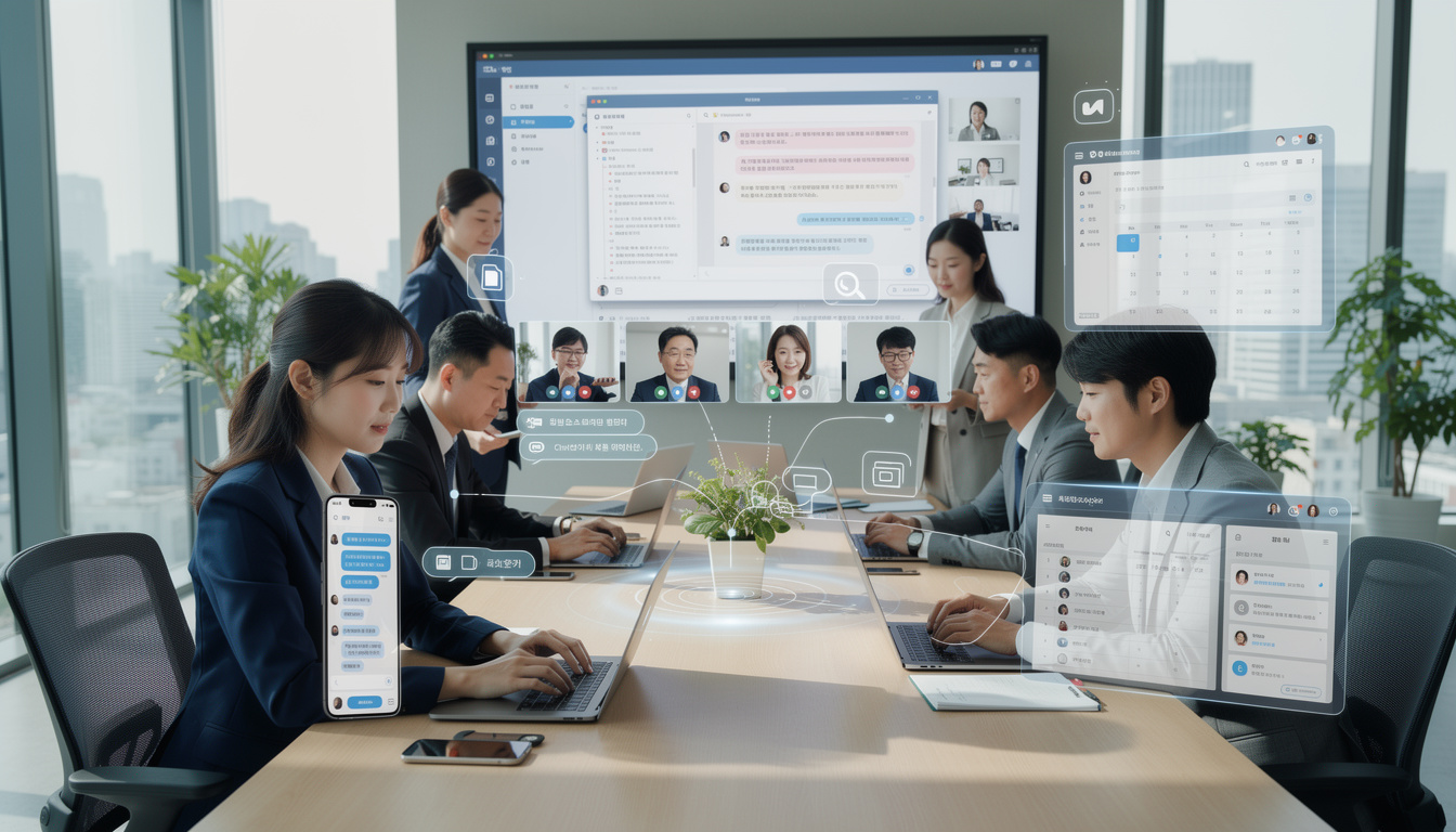 다양한 한국인 비즈니스 전문가들이 현대적인 사무실에서 클라우드 그룹웨어를 활용하여 원격으로 협업하는 모습