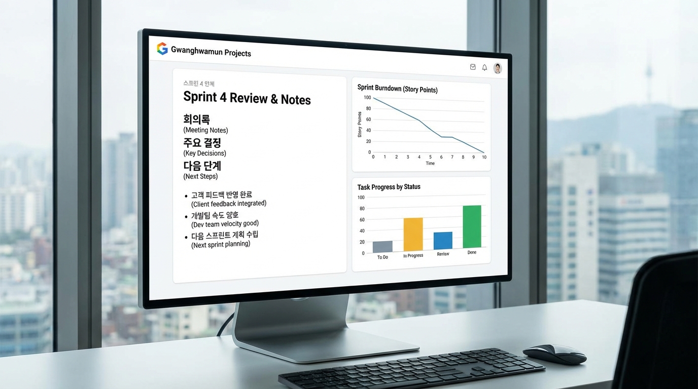 한국 개발 환경에서 고객과 개발자가 함께 사용하는 온라인 프로젝트 관리 대시보드의 스크럼 진척도 화면