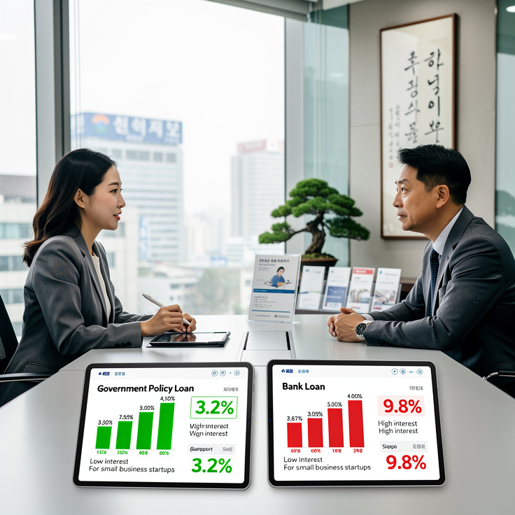 저금리 정부 정책자금과 시중은행 대출 조건을 비교하며 상담받는 한국 여성 창업가 이미지