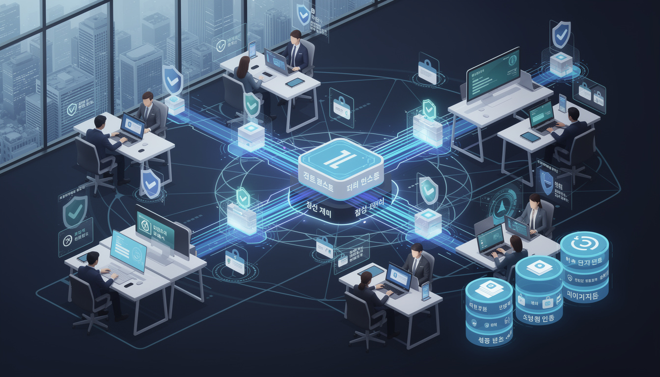 제로 트러스트 아키텍처 원칙을 시각화한 보안 네트워크 접근 장면