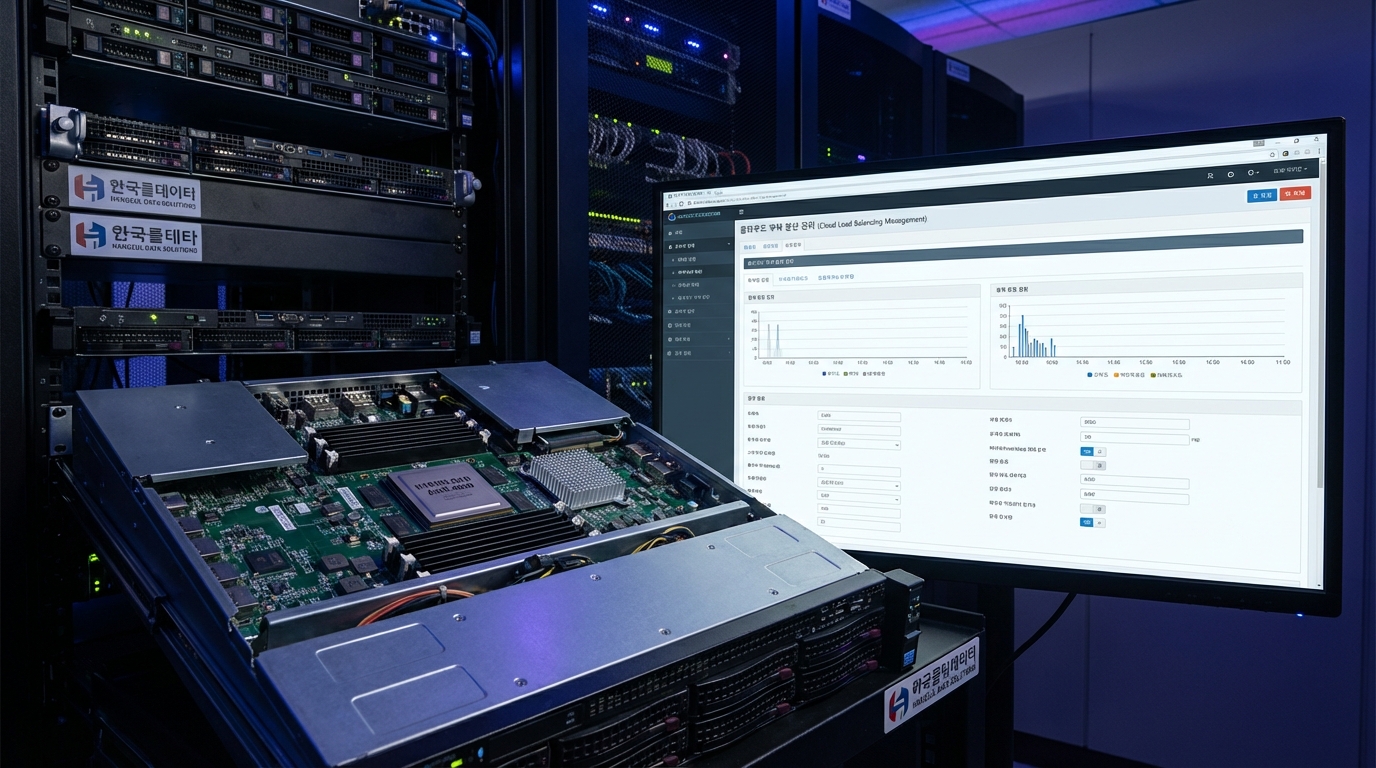 한국 데이터센터 배경에서 하드웨어 로드밸런서 장비와 클라우드 소프트웨어 로드밸런서 관리화면을 나란히 보여줌