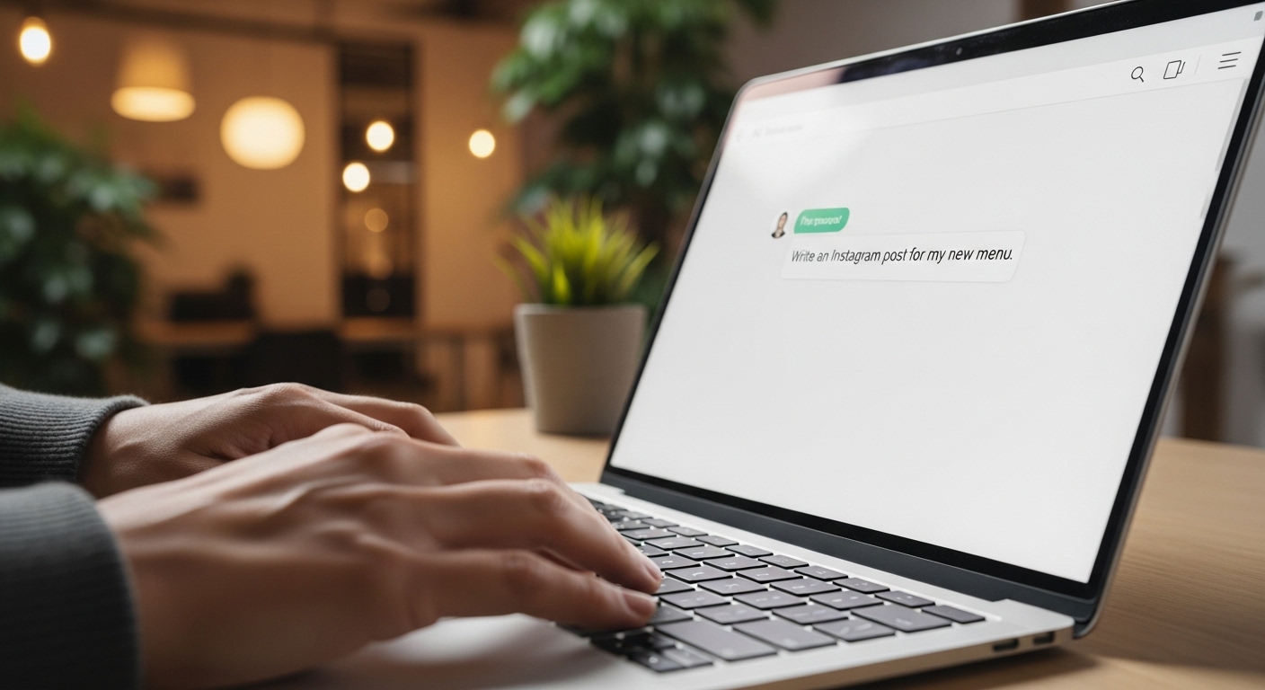 노트북으로 AI 챗봇에게 마케팅 문구를 요청하며 AI 도입의 첫걸음을 내딛는 모습