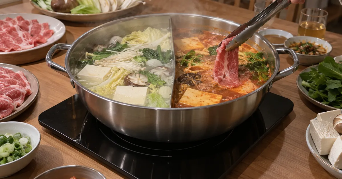 인덕션 위 반반 전골냄비에 샤브샤브 재료를 올린 사용 장면 예시