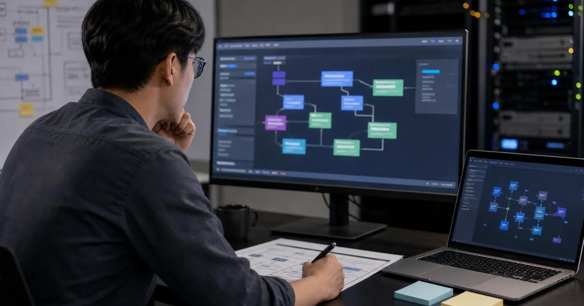 MCP API 차이를 검토하는 기업 개발팀의 아키텍처 회의 장면