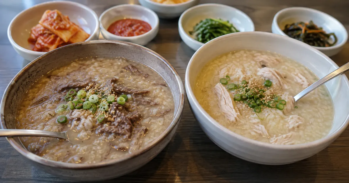 소고기죽과 닭죽의 색과 고명 차이를 한눈에 비교한 점심 죽 상차림