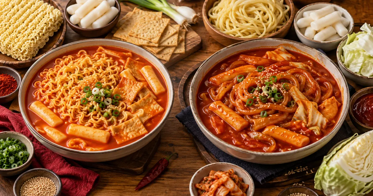 라면 사리와 쫄면 사리, 떡볶이 양념을 함께 놓고 라볶이와 쫄볶이 차이를 보여주는 분식 테이블