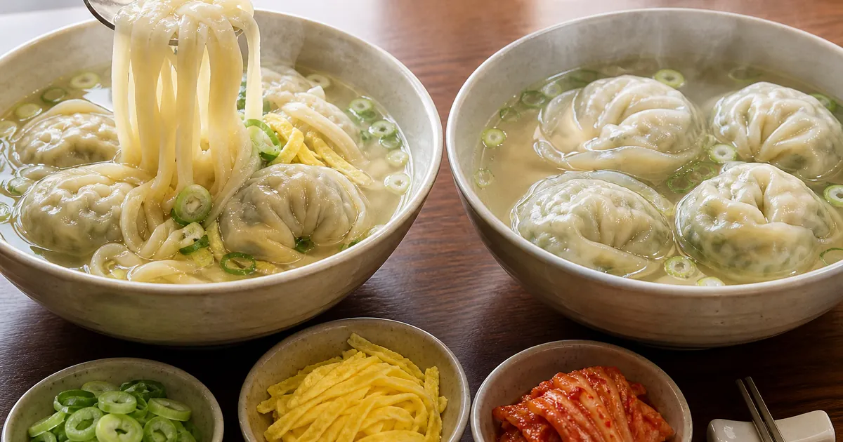칼만두국의 칼국수 면과 만둣국의 큼직한 만두를 숟가락과 그릇으로 비교한 한식 국물 점심 상차림