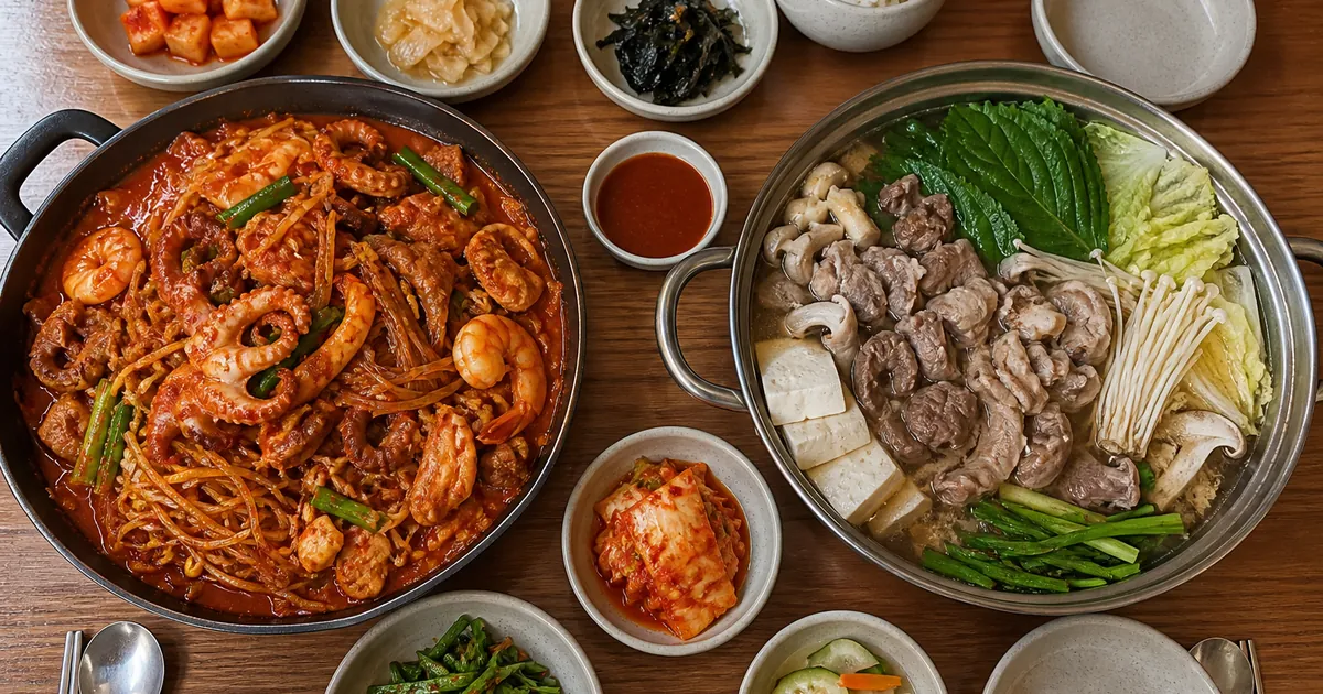 낙곱새 팬과 곱창전골 냄비를 위에서 내려다보며 재료와 국물 차이를 비교한 한식 점심 상차림