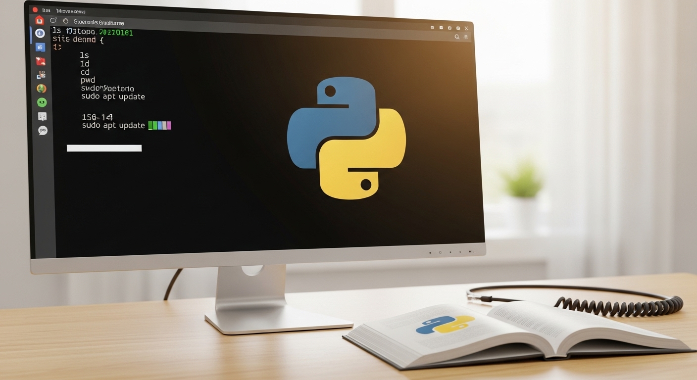리눅스 터미널, 파이썬 책, 네트워크 케이블이 놓여있는 책상