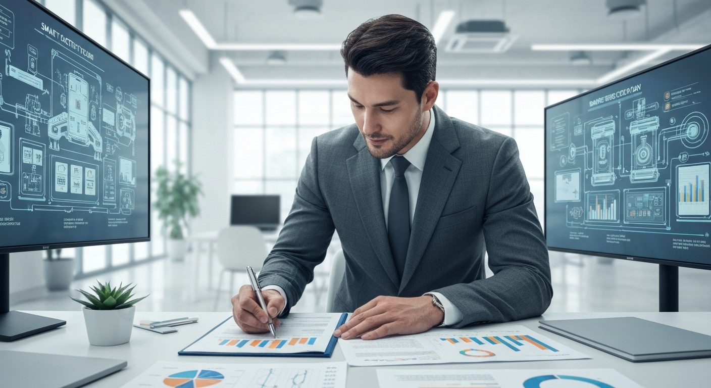 현대 사무실 환경에서 사업계획서를 준비하는 한국 사업가