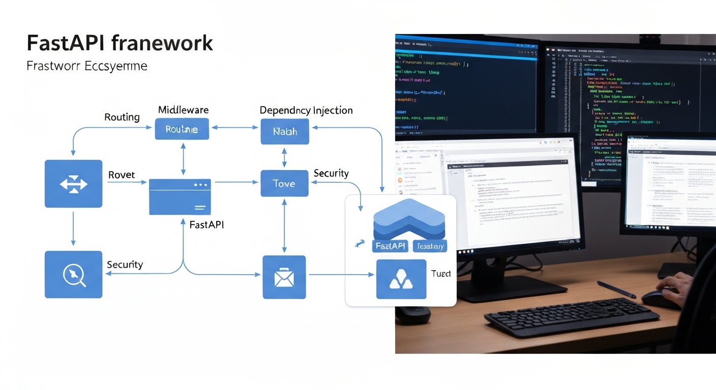 라우팅, 미들웨어, 의존성 주입, 보안 기능을 포함한 FastAPI 프레임워크 생태계 개념도