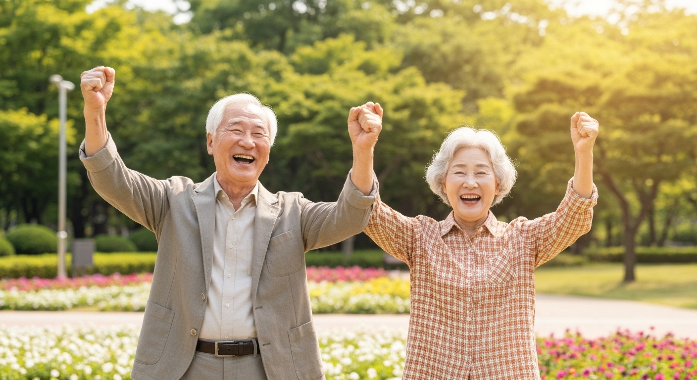 성공적인 재취업을 축하하는 한국 중장년층의 밝고 활기찬 야외 모습