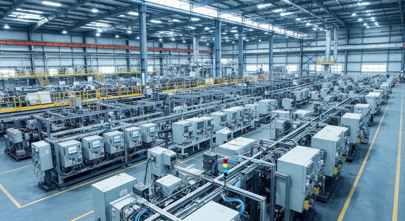 네트워크로 연결된 분산형 PLC가 공장 전체를 제어하는 모습, 한국 대규모 공장 배경
