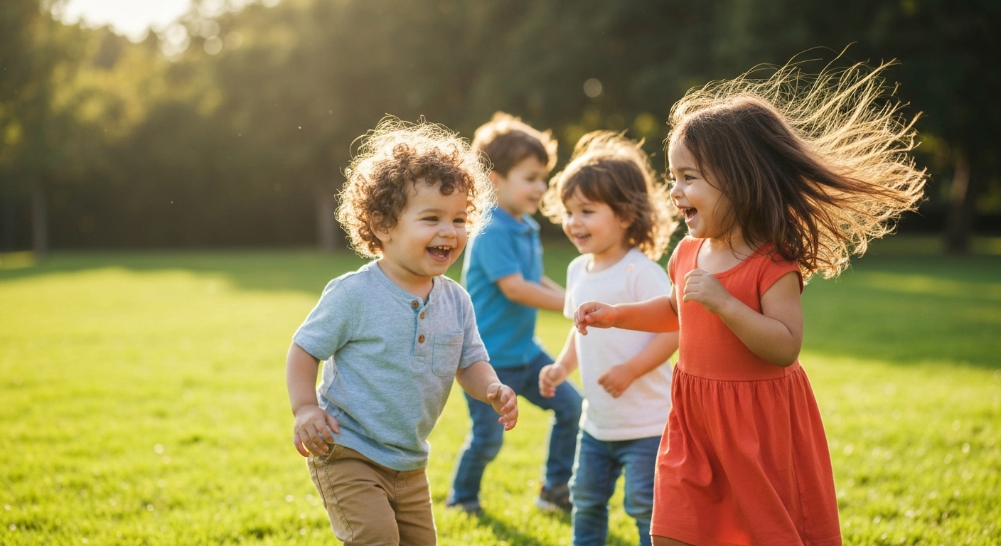 맑은 날 야외에서 아이들과 함께 비눗방울 놀이를 하며 웃고 있는 보육교사와 아이들