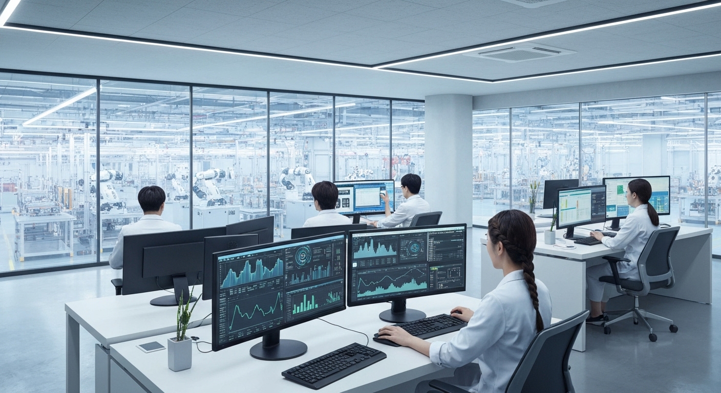 한국 스마트팩토리 내 빅데이터와 AI 분석을 수행하는 데이터 과학자 모습