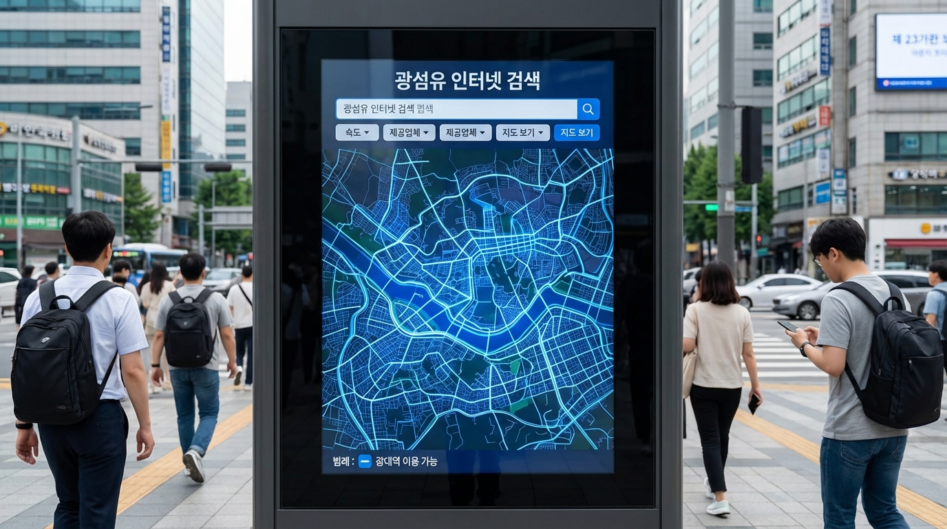 광케이블(FTTH) 인터넷 설치 가능 지역을 표시하는 한국 도시 지도와 조회 화면