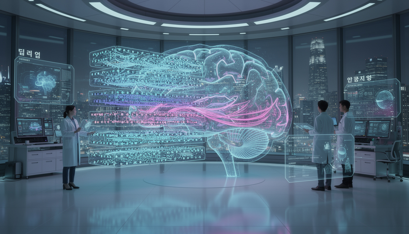 인공신경망과 딥러닝 원리를 표현한 미래지향적 한국 실험실의 신경망 이미지
