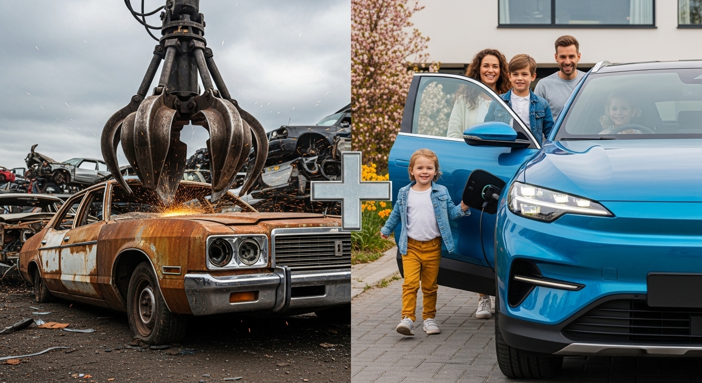 조기폐차와 신차 구매를 통해 혜택을 극대화하는 과정을 보여주는 분할 이미지.