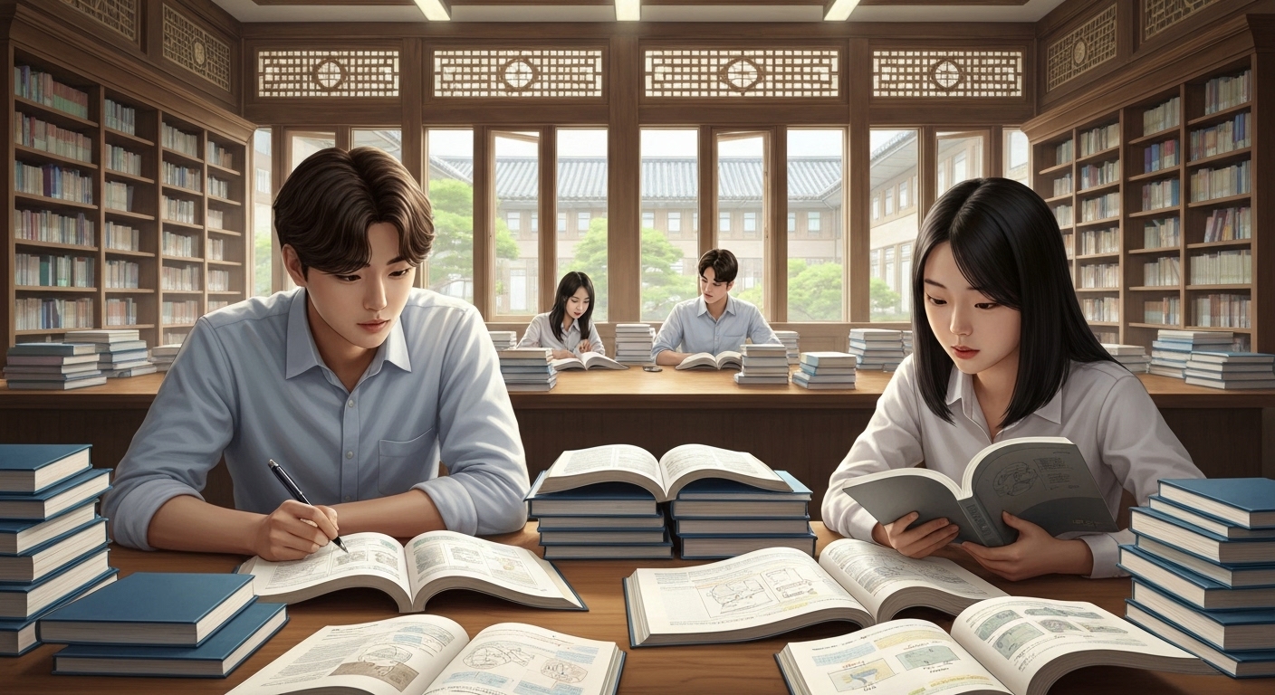 국가장학금 심사 기준 중 학업 성적을 평가하는 한국 대학생들의 캠퍼스 도서관 학습 장면