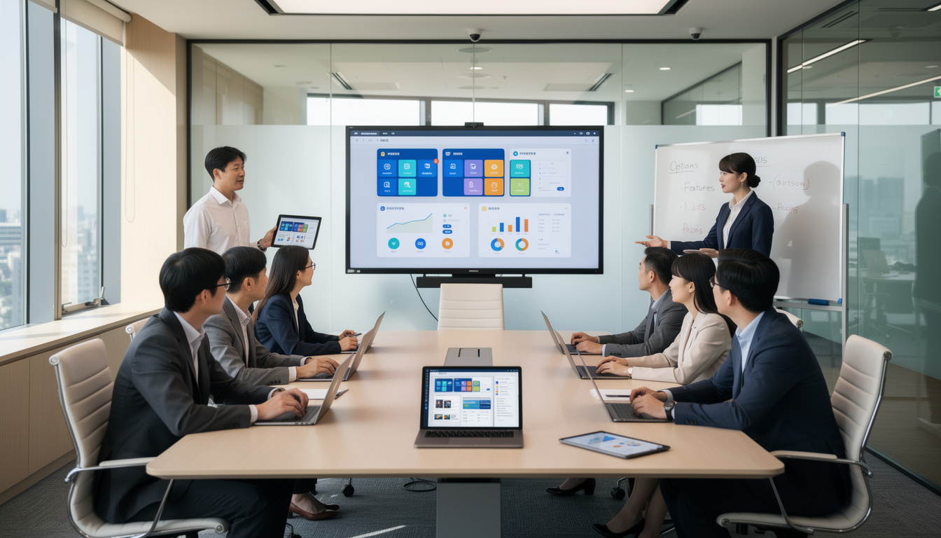 한국의 다양한 조직에서 올인원 그룹웨어 및 협업툴 솔루션을 평가하고 선택하는 모습