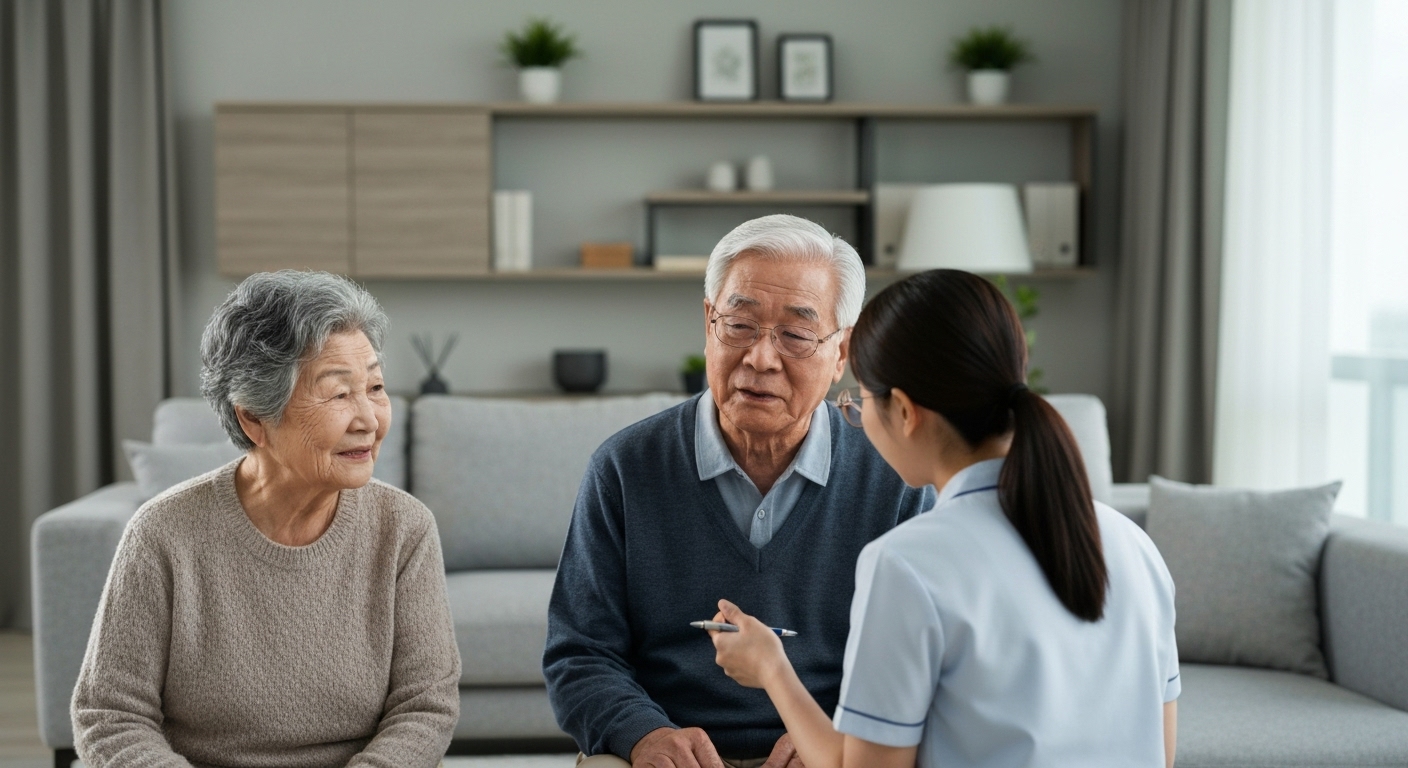 한국의 노부부가 전문 간병인과 함께 집에서 상담하며 간병 계획을 세우는 모습