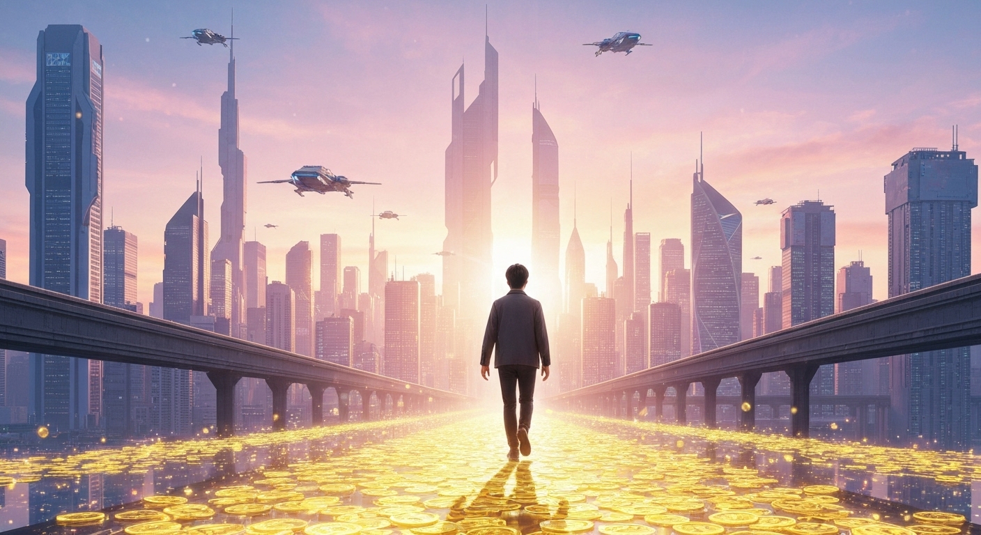 밝은 미래를 향해 황금 동전이 깔린 길 위로 첫걸음을 내딛는 모습을 상징하는 이미지