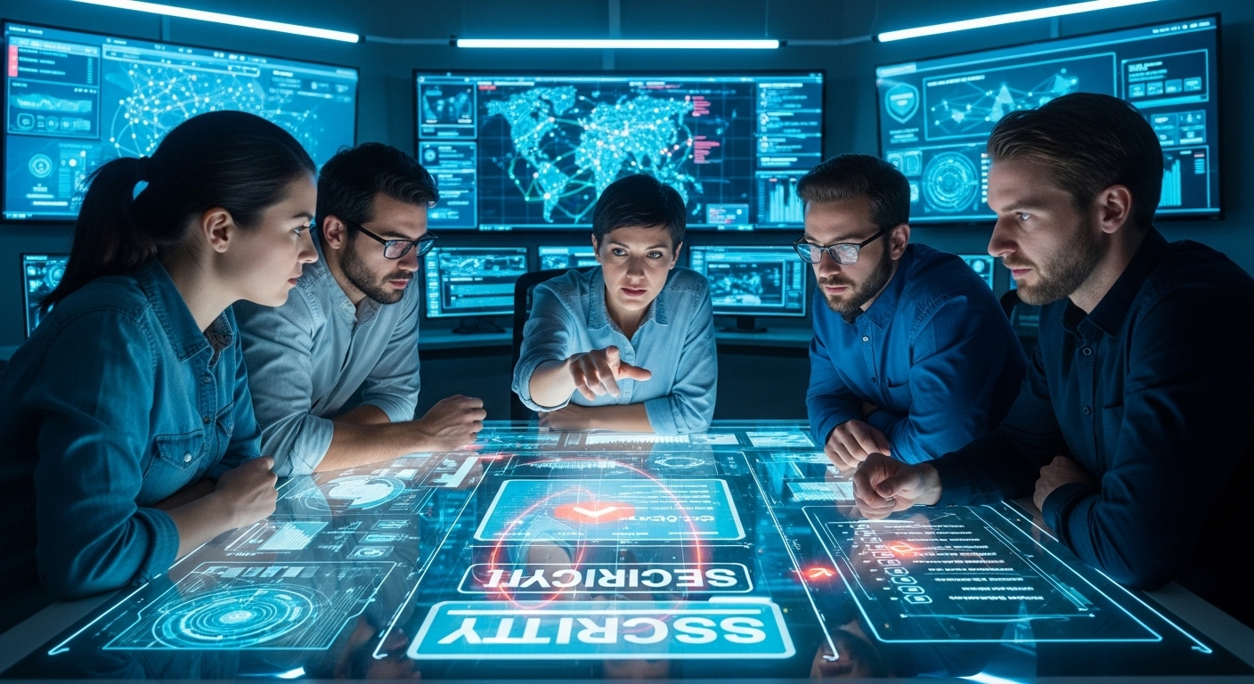 보안 전문팀이 사무실에서 회사의 디지털 자산 보호 전략을 논의하는 모습