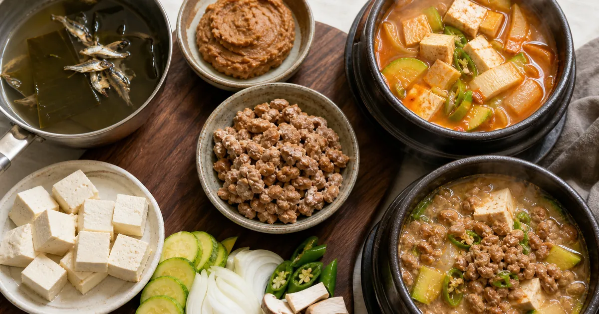 된장과 청국장 재료, 두부와 채소, 두 가지 찌개를 함께 놓고 비교한 점심 준비 장면