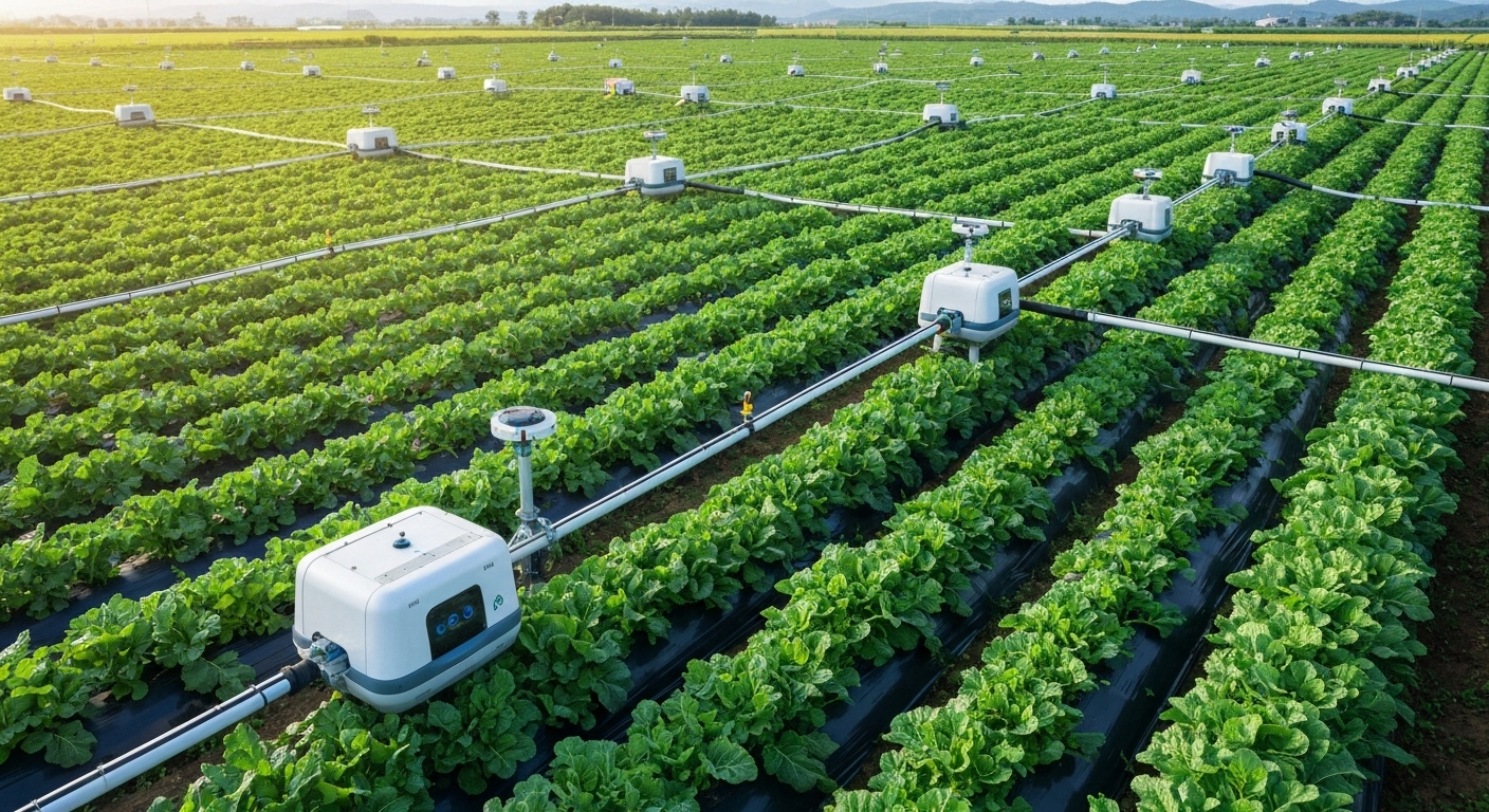 스마트팜의 생산성 향상과 지속가능성을 상징하는 건강한 작물과 자동화된 농업 장비의 한국 농장 이미지