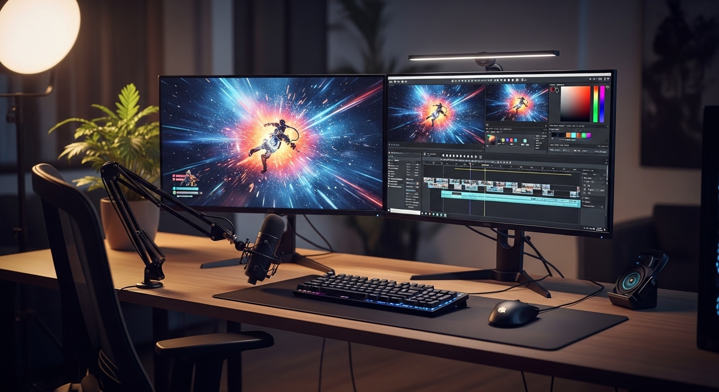 한쪽 모니터에는 게임이, 다른 쪽 모니터에는 영상 편집 프로그램이 켜져 있는 멀티태스킹 환경의 컴퓨터 책상