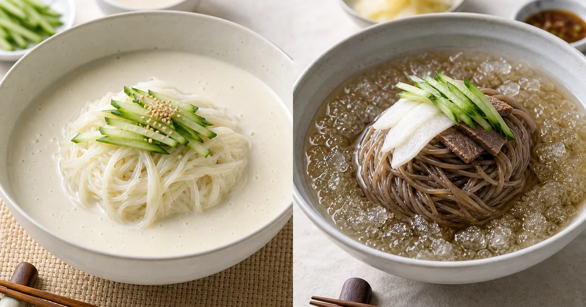 콩국수의 고소한 콩물과 냉면의 차가운 육수와 면발을 나란히 비교한 여름 국수 상차림