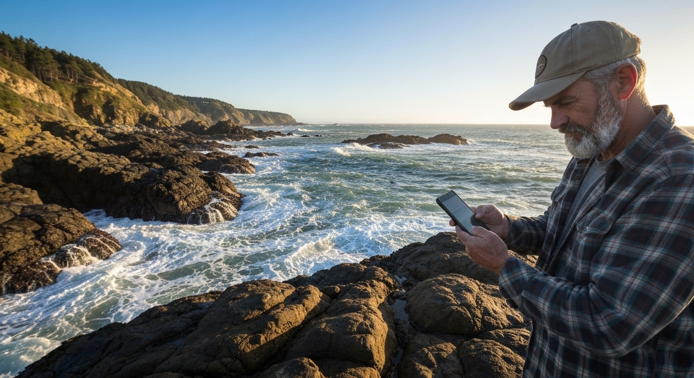 조위 변화를 확인하며 갯바위 낚시를 준비하는 모습