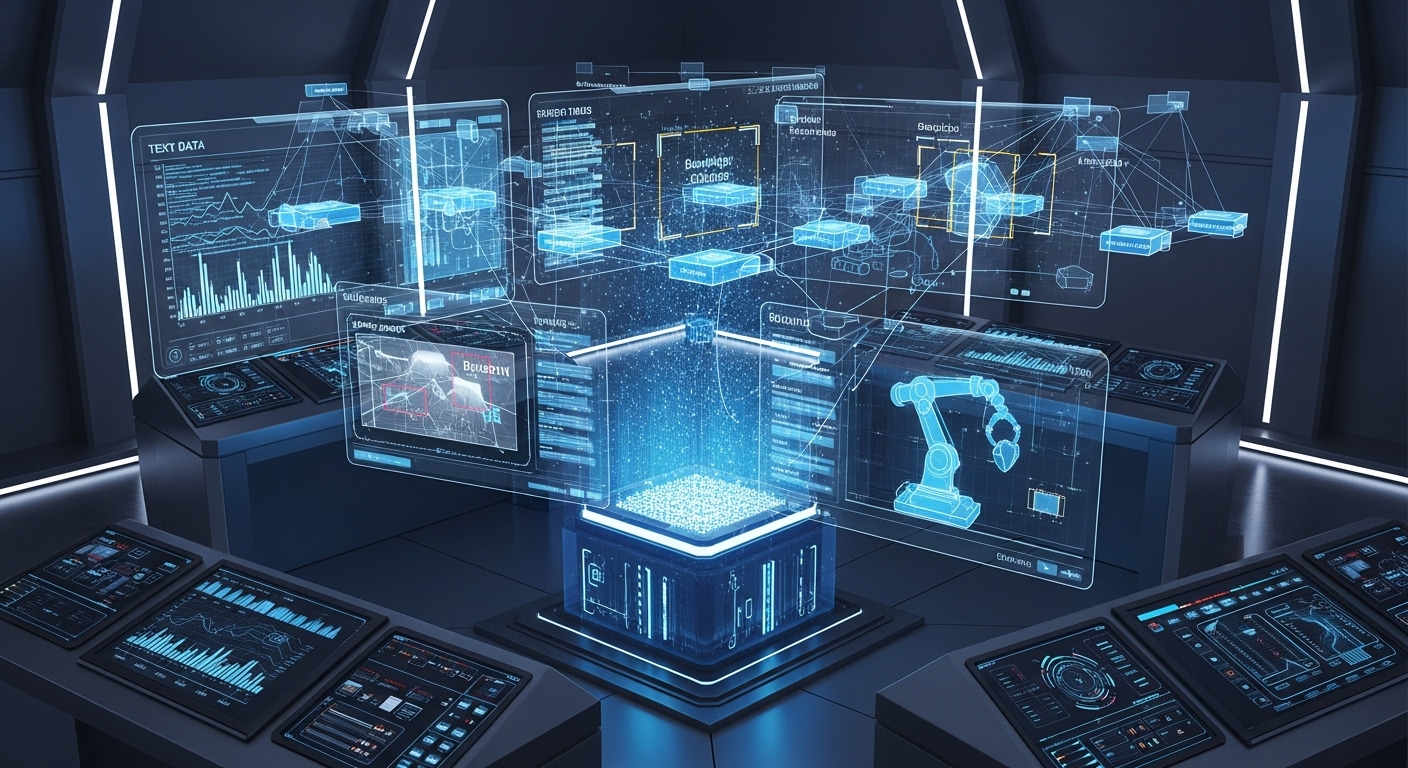 하나의 AGI가 자연어 처리, 이미지 인식, 로봇 제어 등 여러 작업을 동시에 학습하는 멀티태스크 러닝을 시각적으로 표현한 이미지.