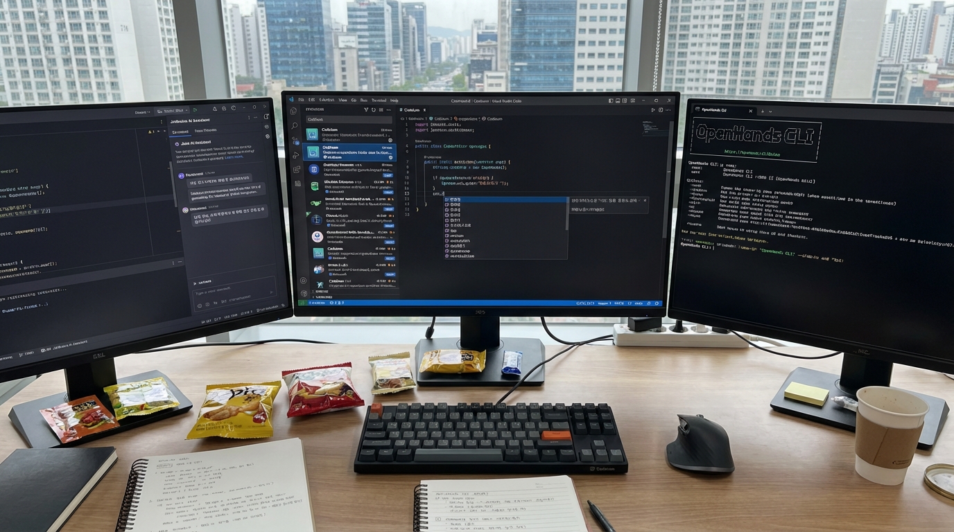 Codeium, JetBrains AI Assistant, OpenHands CLI 등 무료 AI 코딩 플러그인을 사용 중인 모습