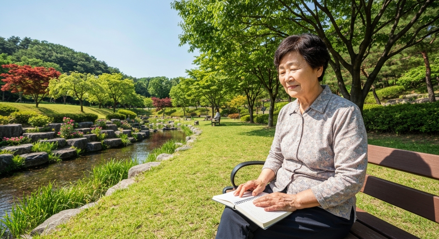 조기 노령연금 신청을 고민하는 한국의 노인이 공원에서 생각하는 모습