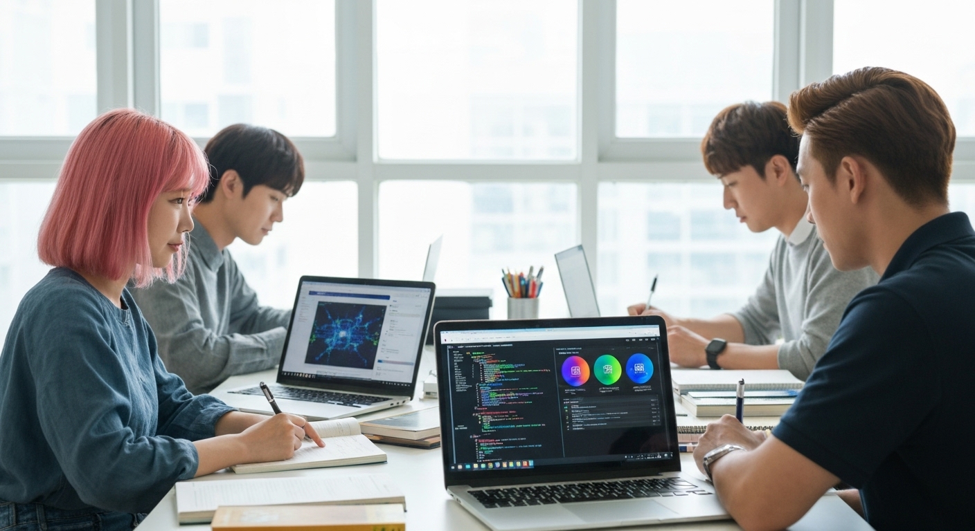 온라인 강의를 통해 AI를 배우는 한국 학습자들의 모습